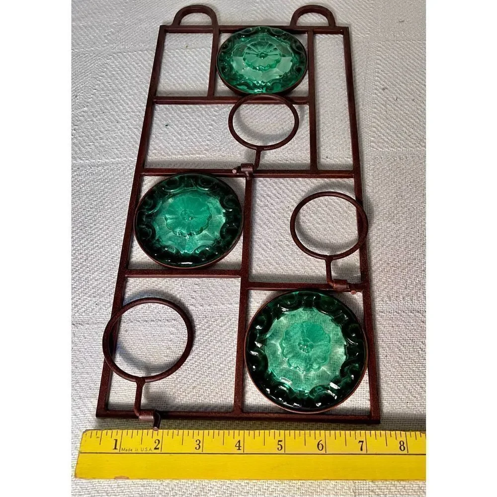 Vintage Wall Hanging Metal 3 Light Votive Candle Holder Green Glass 16” - Picture 6 of 6